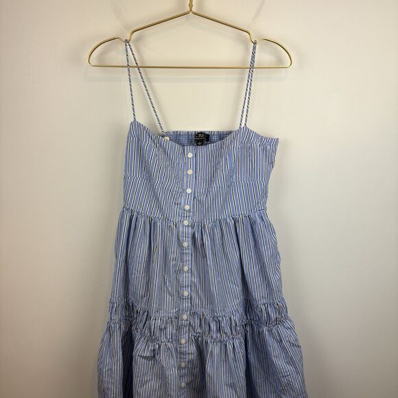 J.Crew Generative Cotton Blue Striped Tiered Midi Dress Size 6CA705‎ Summer 2024 - Picture 10 of 12